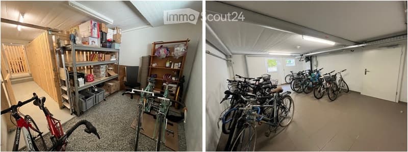 {"visible_features": ["Garage"], "type": "Garage", "objects": [], "description": "Two images of a garage: one with shelves, boxes, and bicycles, and another with multiple bicycles parked inside.", "localized_descriptions": {"EN": "Two images of a garage: