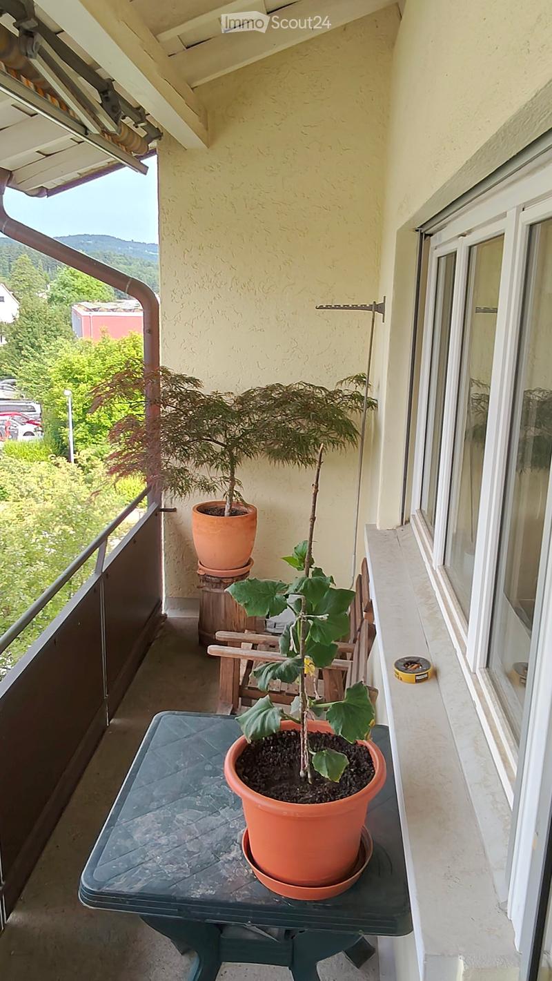 Balcony with a table, chair, and potted plants, overlooking a scenic view.