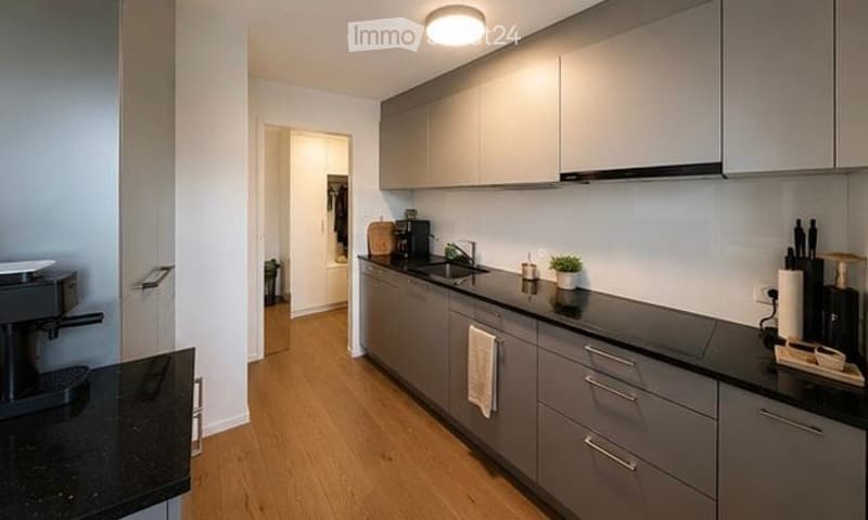 Modern kitchen with grey cabinets, black countertops, wooden flooring, and various appliances including a coffee maker, sink, and oven.