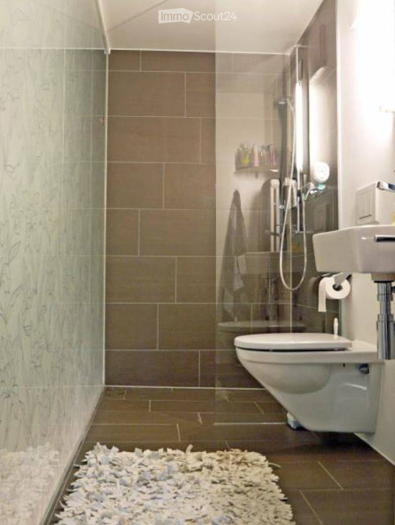 Modern bathroom with a glass-enclosed shower, a toilet, a sink, a towel hanging on the wall, and a small shelf holding toiletries.