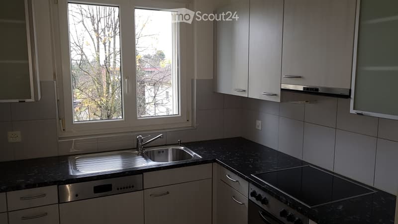 Modern kitchen with white cabinets, granite countertops, stainless steel sink, dishwasher, and electric stove. Large windows provide natural light.