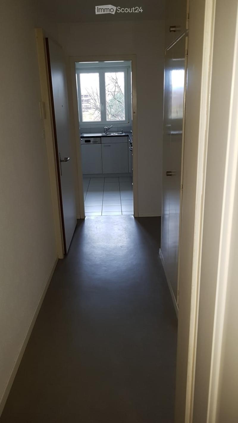 A narrow hallway with dark flooring, leading to a small kitchen area visible at the end. The kitchen has white cabinets, a sink, and a window above it.