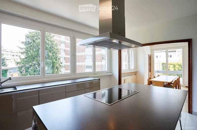 Modern kitchen with stainless steel appliances, induction cooktop, large windows offering a view, and a dining area with a table and chairs.