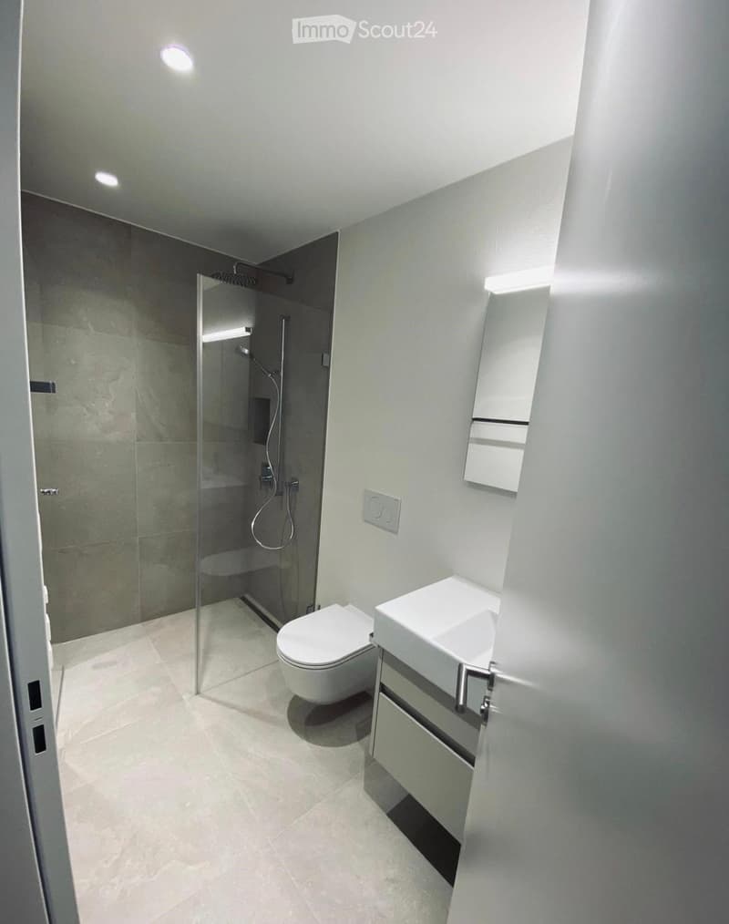Modern bathroom with white tiles, a toilet, a sink with a cabinet, a glass-enclosed shower, and a mirror on the wall.