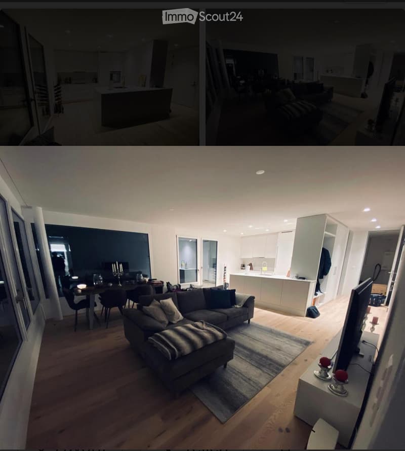 Modern open-plan living and dining area with a grey sectional sofa, coffee table, dining table with chairs, and a sleek kitchen area with white cabinets and a countertop.