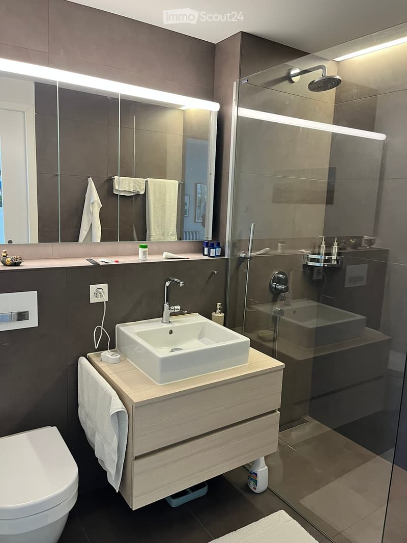 Modern bathroom with a white sink, dark wooden vanity, large mirror, shower with glass enclosure, and neatly arranged towels.