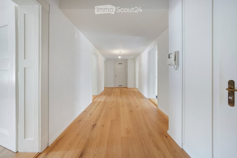 Bright, clean hallway with light wooden flooring and white walls, featuring multiple white doors and a single light fixture on the ceiling.