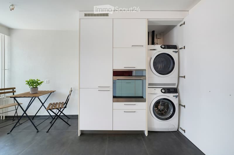 A small, modern room with a built-in cabinet housing an oven, a washing machine, and a dryer. A small table with two chairs and a potted plant is placed in the foreground.