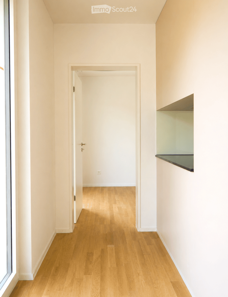 Empty hallway with light wooden flooring, white walls, and a small open closet on the right side.