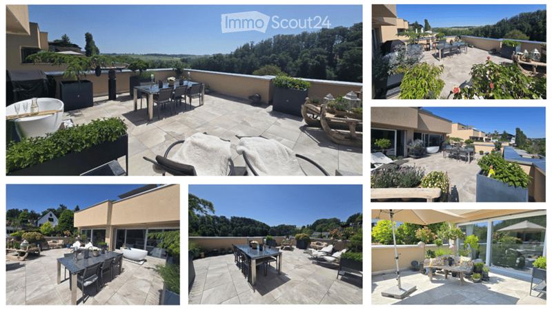 Multiple outdoor spaces including balconies and terraces with dining tables, chairs, lounge seating, potted plants, and scenic views of greenery and countryside.