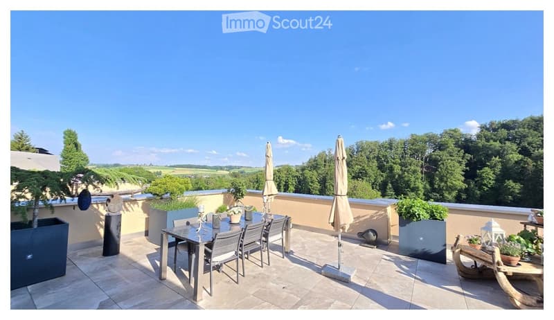 A spacious balcony with a dining table, chairs, umbrellas, and potted plants, offering a scenic view of the countryside.