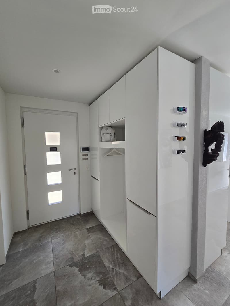 Modern hallway with white walls, tiled floor, built-in storage unit, and a door with square windows.