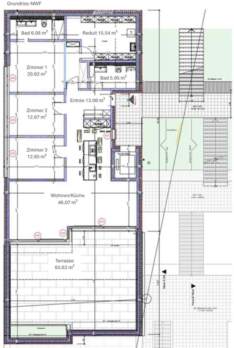Floor plan showing a 3-room apartment with a kitchen, two bathrooms, entrance area, and a large terrace.