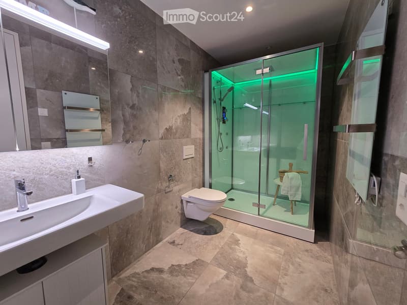 Modern bathroom with a white sink, chrome faucet, toilet, glass-enclosed shower with green lighting, and built-in shelves.