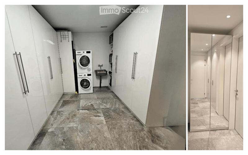 Modern, minimalist laundry room with white cabinets, a washing machine, and a sink. The floor is made of polished stone tiles.