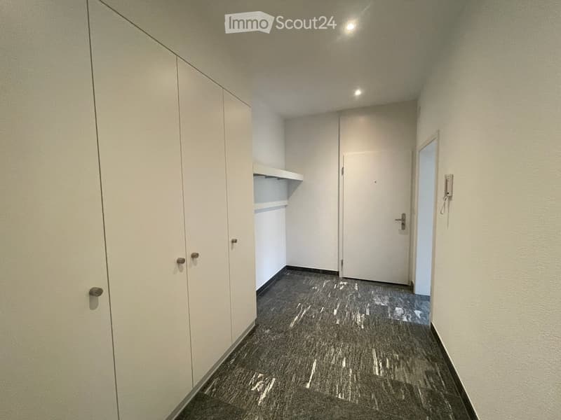 Empty hallway with white walls, dark polished floor, built-in closet with shelves, and a closed door at the end.
