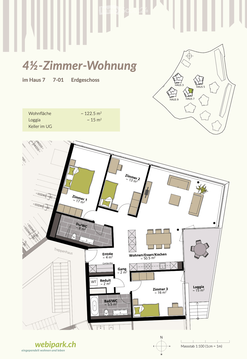 Floor plan of a 4.5-room apartment on the ground floor, including living/dining/kitchen area, three bedrooms, two bathrooms, entrance, hallway, and loggia.