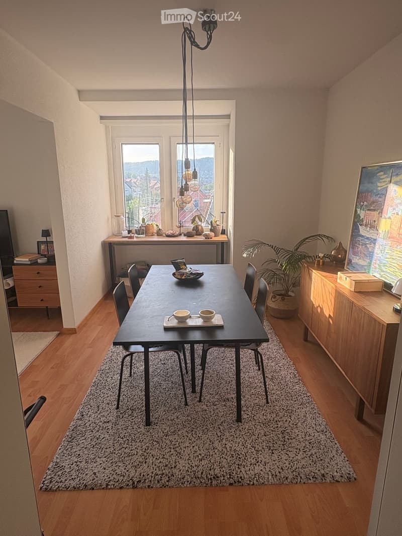 Modern dining area with a long black dining table, six chairs, a large shaggy rug, wooden floor, and a view through large windows. There is a cabinet with a plant and a painting on the wall.