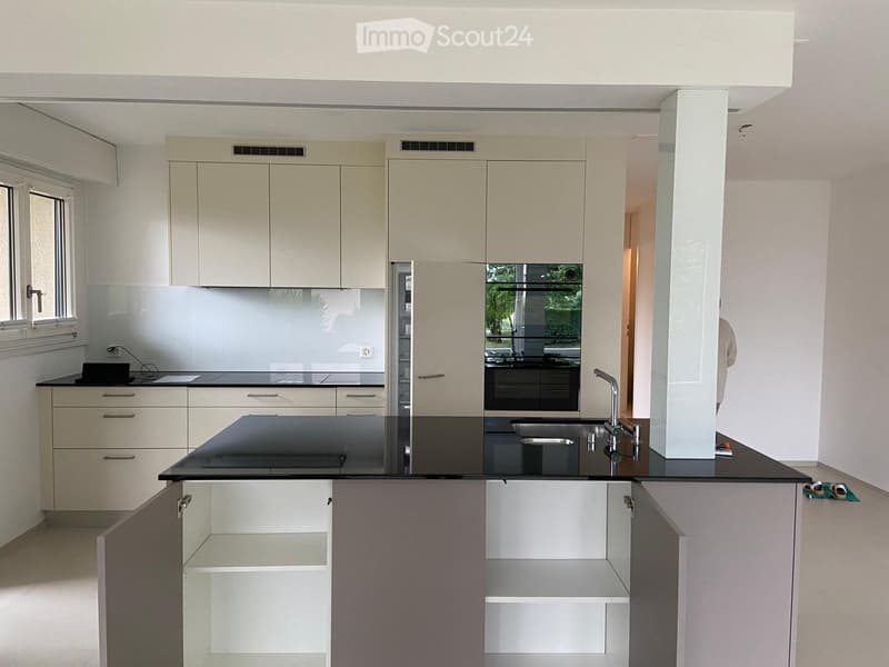 Modern kitchen with light-colored cabinets, black countertop, stainless steel sink, and a central island with open shelving.