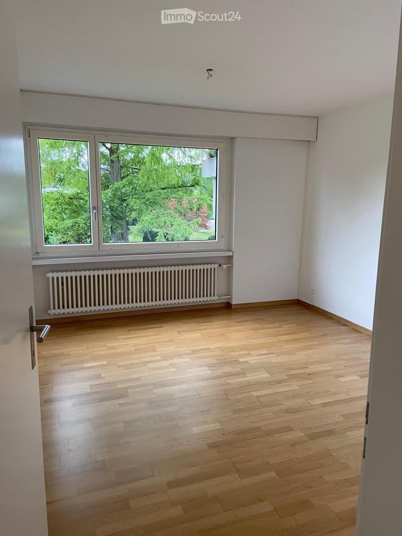 Empty room with wooden flooring, white walls, large window with view of greenery, radiator below window, and a door with silver handle.