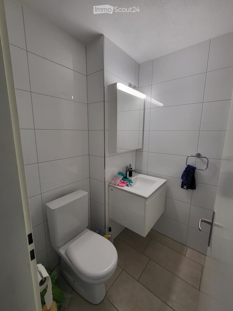 Modern bathroom with white tiled walls, a toilet, a sink with a mirror, and a towel rack with a towel.
