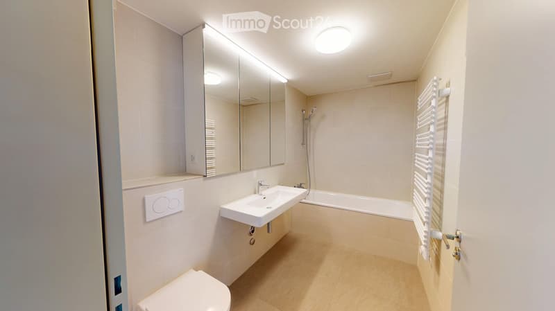 Modern bathroom with a white sink, bathtub, toilet, large mirror, and a white radiator on the wall.