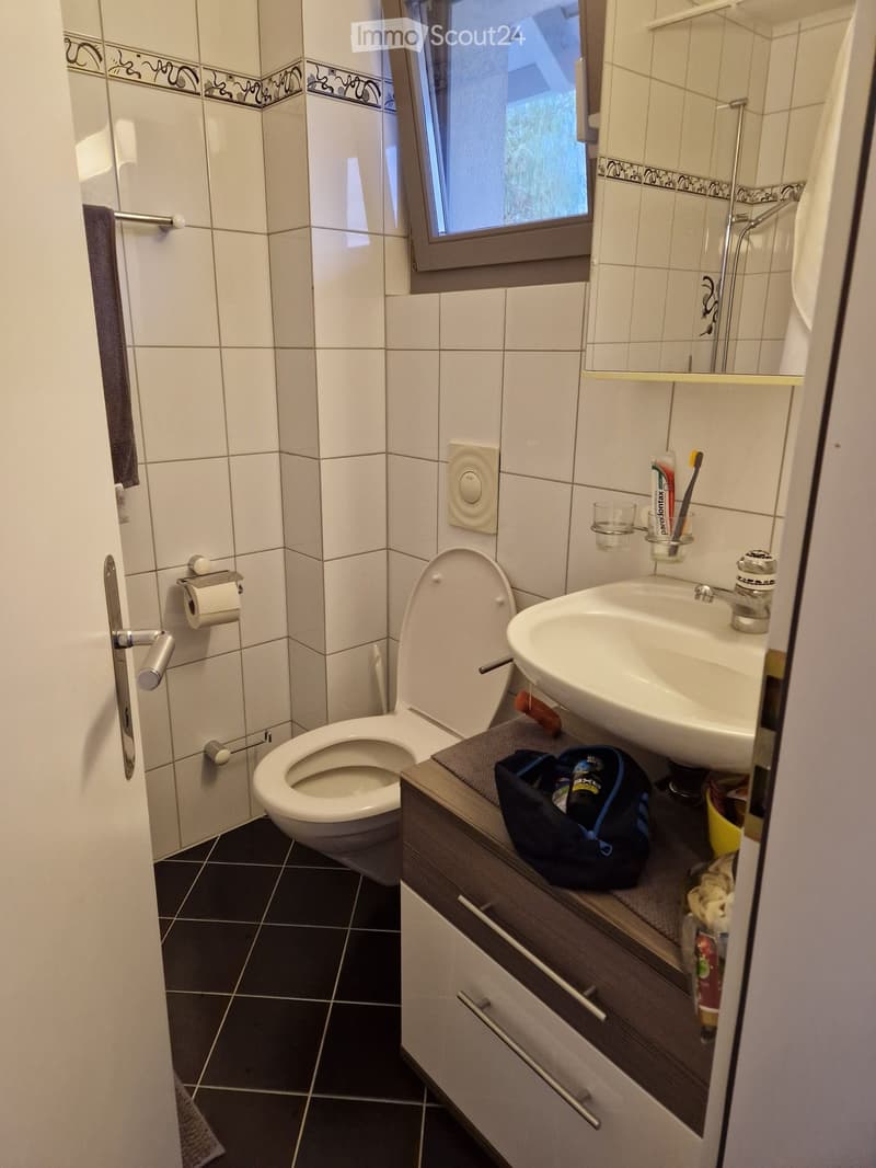 Modern bathroom with white tiles, a toilet, a sink with a faucet, a toothbrush holder, a cup, a towel, a bathroom cabinet, and a backpack on the counter.