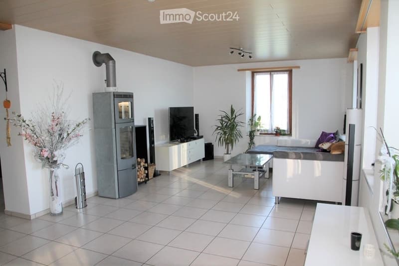 Modern living room with white walls, tiled floor, fireplace, sofa, coffee table, TV, and decorative plants.