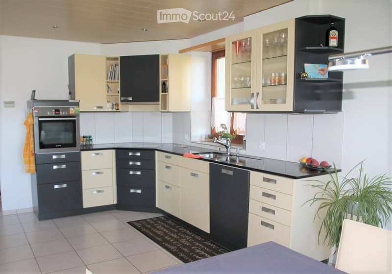 Modern kitchen with light-colored cabinets, stainless steel appliances, and a black countertop. Includes an oven, sink, faucet, and a small plant on the counter.
