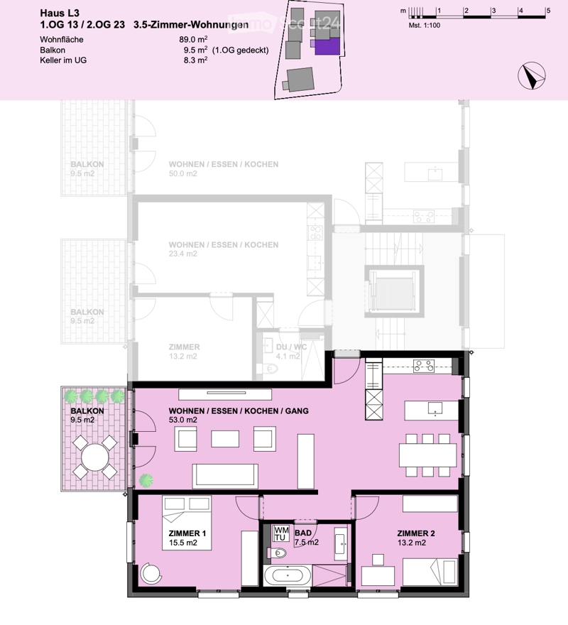 Floor plan of a 3.5-room apartment with living/dining/kitchen area, two bedrooms, two bathrooms, and three balconies.