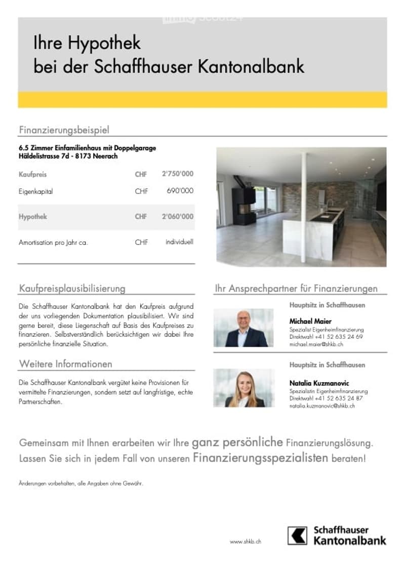 Document page with mortgage information and a small image of a modern kitchen featuring a kitchen island, stove, sink, and cabinets.