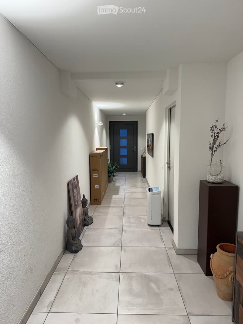 A modern hallway with white walls, tiled floor, and recessed lighting. Features include a large door at the end, a small table with a vase, a few decorative items, and a white appliance on the right side.