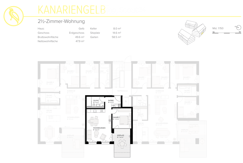 Floor plan of a 2.5-room apartment with labeled rooms including living/dining area, kitchen, bedroom, bathroom, and entrance.