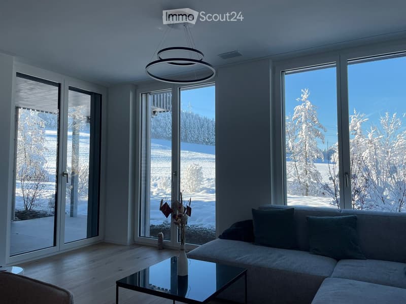 Modern living room with large windows overlooking a snowy landscape, featuring a grey sectional sofa, glass coffee table, and a vase with dried flowers.