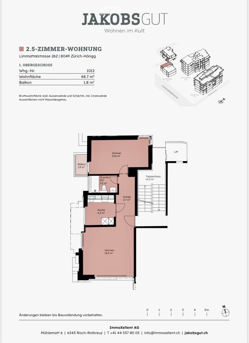 Floor plan of a 2.5-room apartment with living area, kitchen, bedroom, bathroom, and balcony.