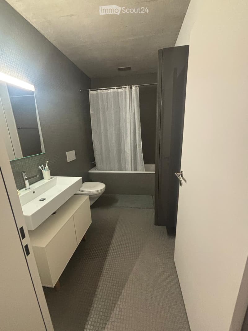 Modern bathroom with dark grey walls, white sink, chrome faucet, toilet, bathtub, and shower curtain. Features a large mirror and tiled floor.