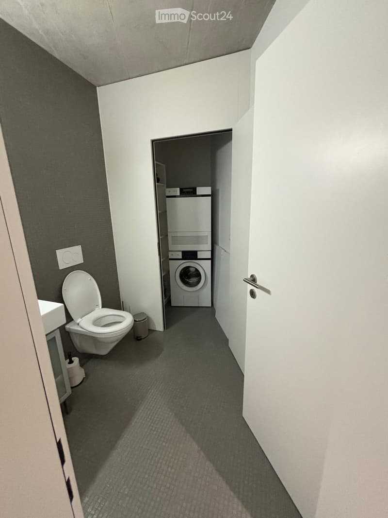 Modern bathroom with a toilet, sink, and a private washing machine in an adjacent space.