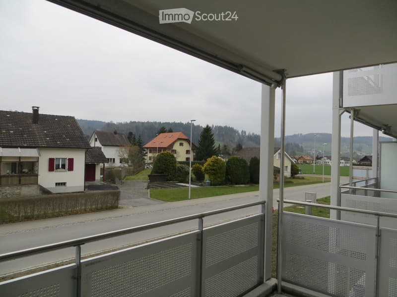 Balcony overlooking a residential area with houses, trees, and a road.