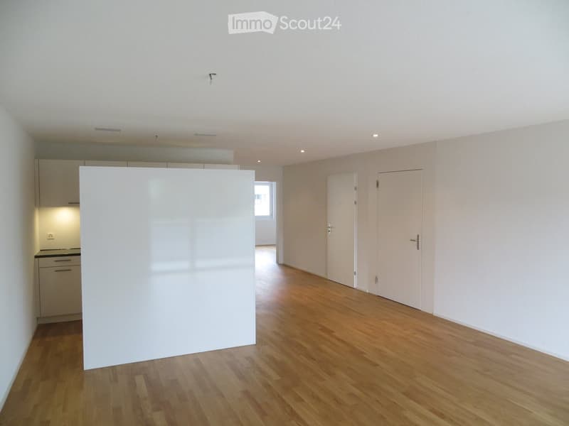 Empty room with light wooden flooring, white walls, and a small kitchen area visible in the background. No furniture or personal items are present.