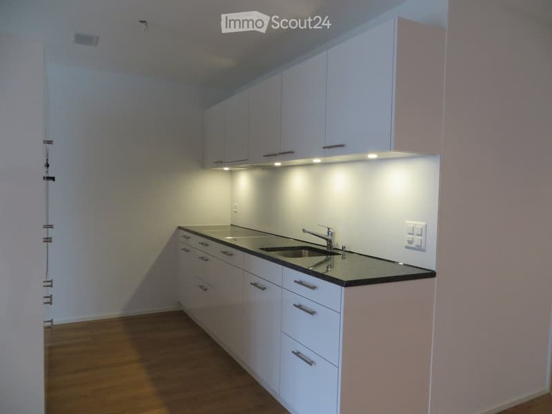 Modern kitchen with white cabinets, a double sink, and a sleek countertop, illuminated by under-cabinet lighting.