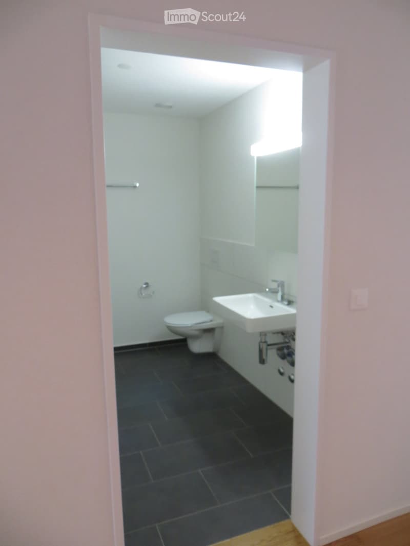 Modern bathroom with dark tiled floor, white walls, toilet, sink, and faucet.