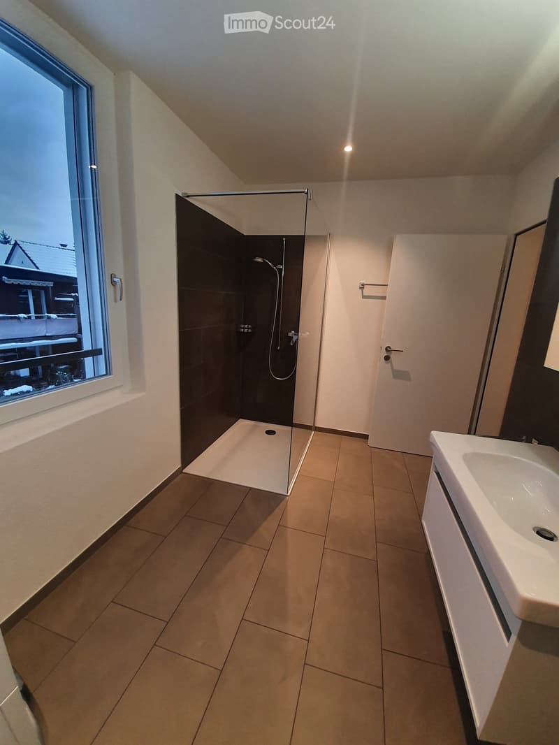 Modern bathroom with a glass-enclosed shower, a white sink, and a large window offering a view of the outside.