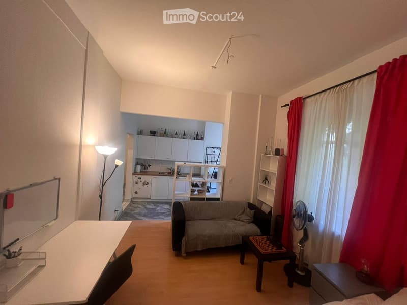 A modern, open-concept living and dining area with a sofa, coffee table, dining table, and kitchen area in the background. Features include a fan, shelves, and large windows with curtains.