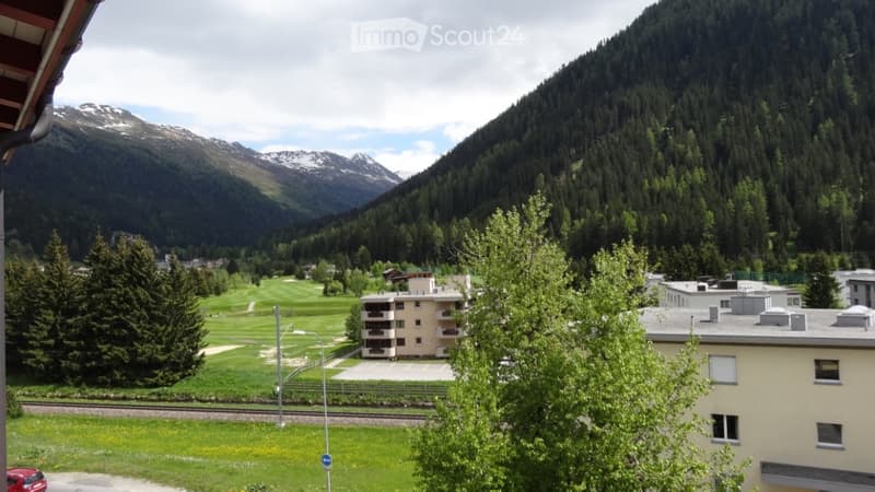 View of a green landscape with trees, a golf course, and snow-capped mountains in the background.
