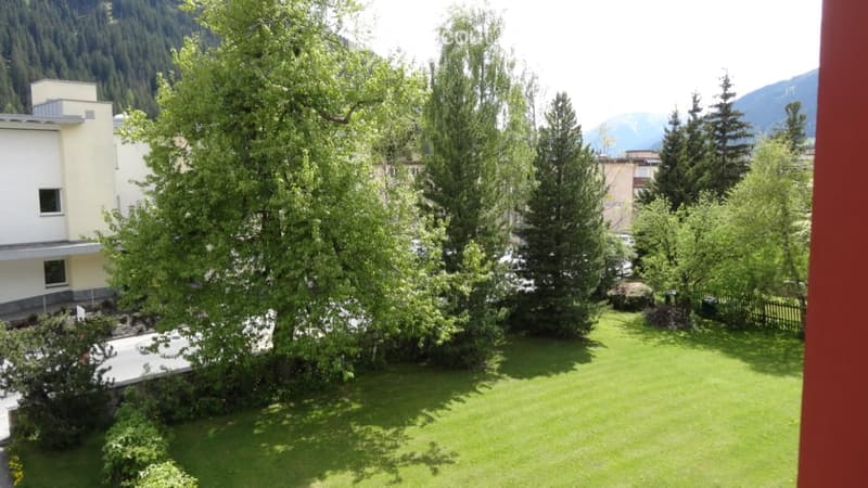 Lush green garden with trees, a well-maintained lawn, and a view of mountains in the background.