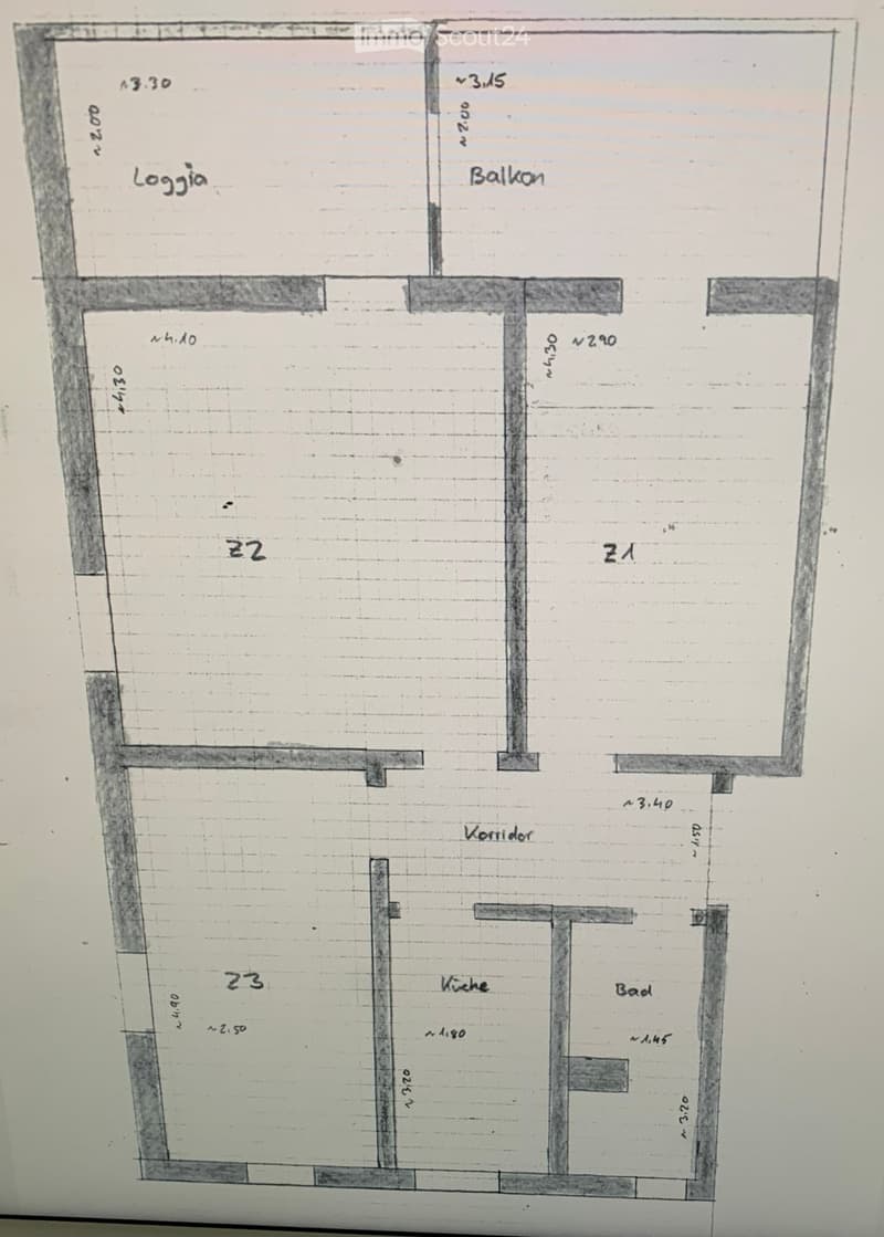Floor plan showing a loggia, balcony, two bedrooms, kitchen, bathroom, and corridor.