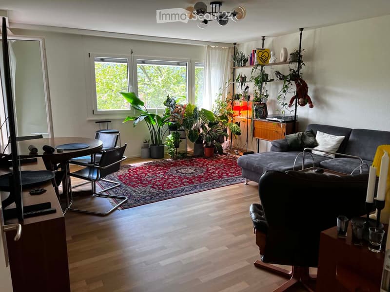 A modern living room with a grey sectional sofa, a wooden coffee table, a dining table with chairs, a large mirror, and several potted plants. The room features wooden flooring and large windows with white curtains.