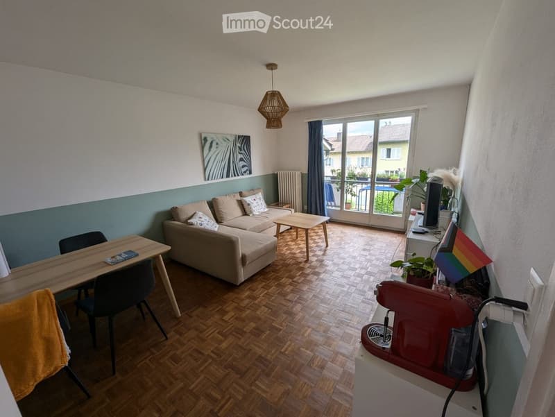 A modern living room with a sofa, coffee table, dining table, chairs, a TV screen, and a plant. The room features wooden flooring, large windows with a view, and a colorful flag on the table.