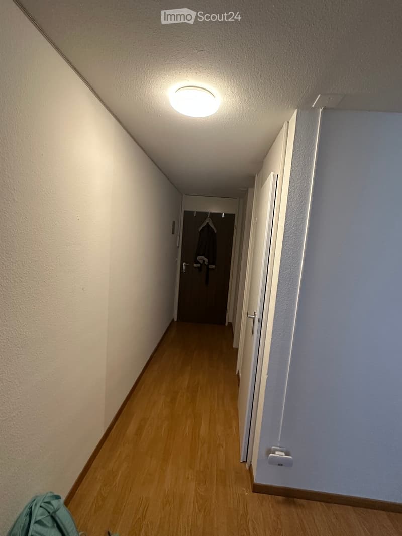 A narrow hallway with wooden flooring, white walls, and a ceiling light. A closed door is visible at the end of the hallway, with a coat hanging on it.