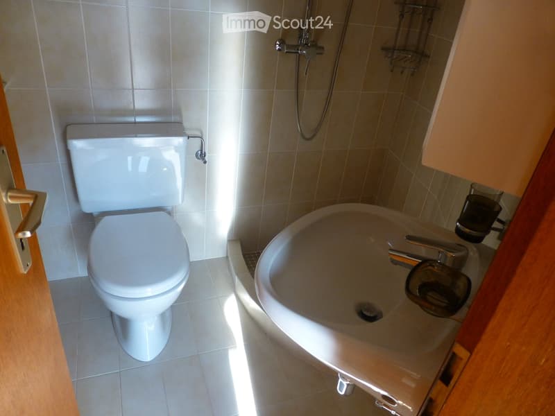 Modern bathroom with a toilet, bathtub, and showerhead. The walls are tiled, and the floor is also tiled.